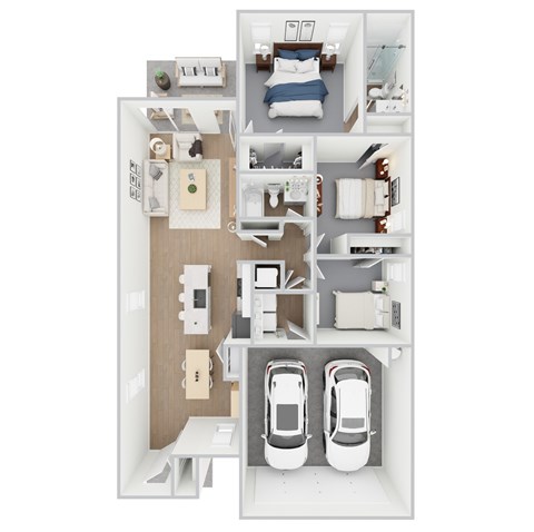 A top-down view of a small apartment with two bedrooms, a living room, a kitchen, a bathroom, and two parking spaces.